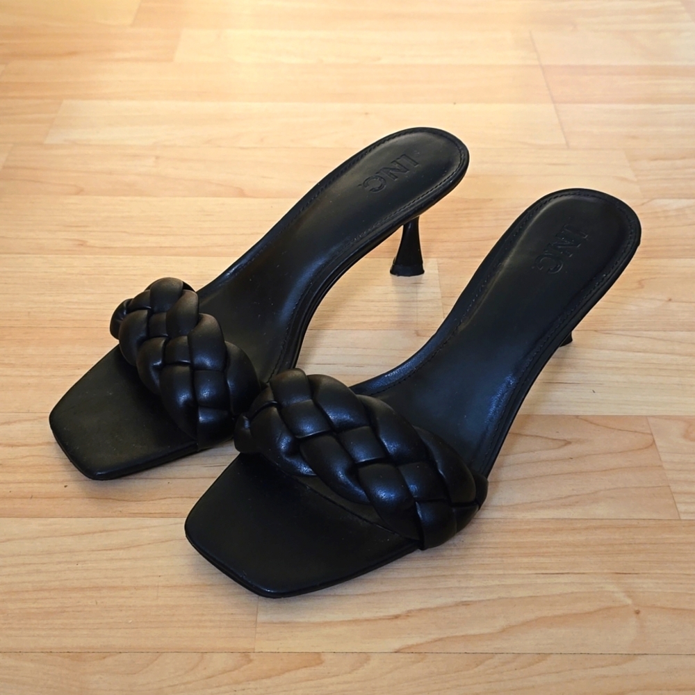 INC Womens Black Braided Padded Parker Square Toe Flare Slip On Sandals Size 8
